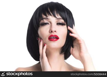 Glamour portrait of woman. Sensual glamour portrait of beautiful woman model lady with evening makeup with red lips isolated on white background