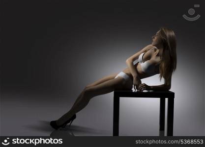 glamour young girl showing her perfect silhouette in backlight portrait wearing sensual underwear and posing on small table