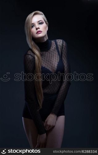glamour young long hair woman in black