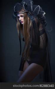 glamour young long hair woman in black