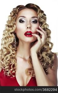 Glance. Frizzle. Sexy Bright Blonde with Curly Hair. Red Sensual Lips