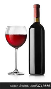 Glass and bottle of red wine isolated on white background
