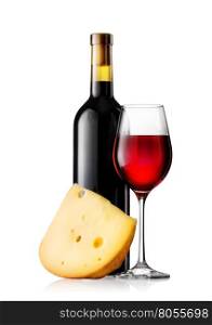 Glass and bottle of red wine with cheese isolated on white background. Glass and bottle of red wine with cheese