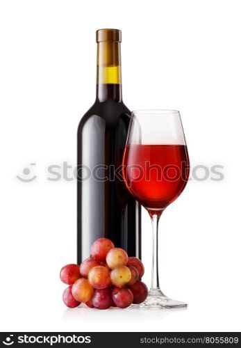 Glass and bottle of red wine with grapes isolated on white background. Glass and bottle of red wine with grapes