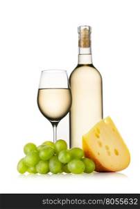 Glass and bottle of white wine with cheese isolated on white background. Glass and bottle of white wine with cheese