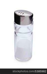 Glass and steel salt shaker with salt isolated on white