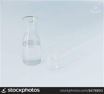 Glass and water carafe on light blue background, 3d rendering