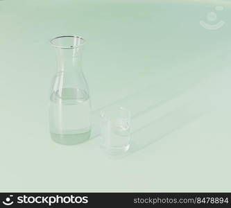 Glass and water carafe on light green background, 3d rendering