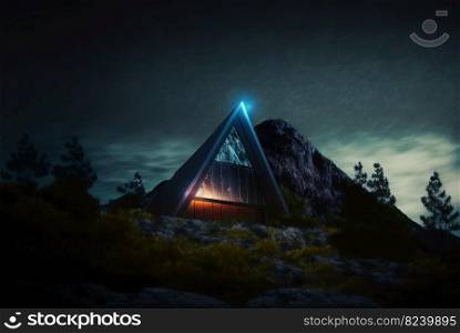 Glass architecture in the mountain landscape. Architectural abstraction combined with nature. Generated AI. Glass architecture in the mountain landscape. Architectural abstraction combined with nature. Generated AI.
