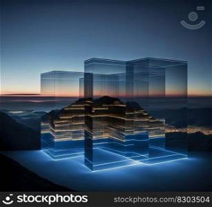 Glass architecture in the mountain landscape. Architectural abstraction combined with nature. Generated AI. Glass architecture in the mountain landscape. Architectural abstraction combined with nature. Generated AI.