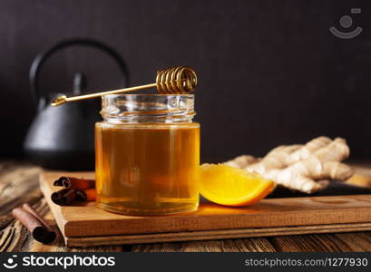 Glass bank with honey ginger lemon and cinnamon.