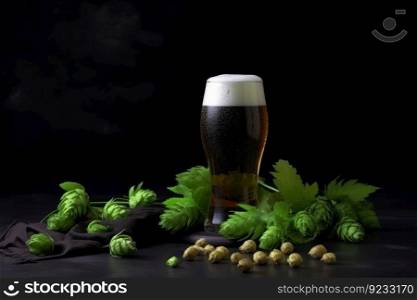 Glass beer green hops drink. Frozen foam. Generate Ai. Glass beer green hops drink. Generate Ai