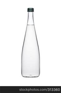 Glass bottle of healthy clear still water on white background