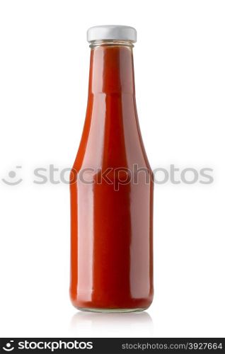 Glass bottle of ketchup on white background with clipping path