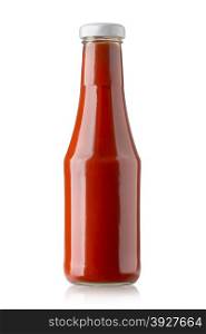 Glass bottle of ketchup on white background with clipping path