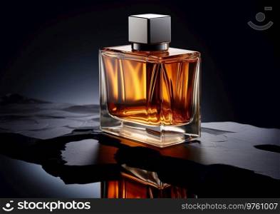 Glass bottle of luxury fragrance perfume for men on stone plates and black background.AI Generative.
