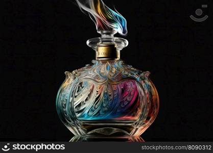 Glass bottle of perfume with colorful rainbow splash on black background. Neural network AI generated art. Glass bottle of perfume with colorful rainbow splash on black background. Neural network generated art