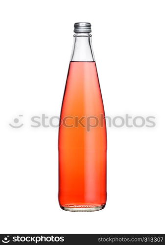 Glass bottle of sparkling pink soda lemonade on white background