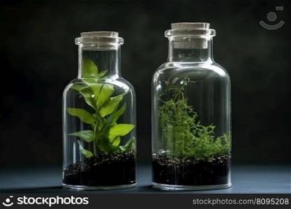 Glass bottle with green ecosystem flora. Global decor. Generate Ai. Glass bottle with green ecosystem flora. Generate Ai