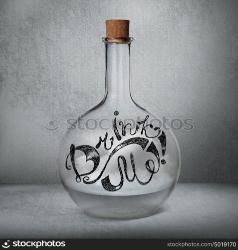 Glass bottle with liquid and vapor standing inside gray box. Drink Me sign drawn on the bottle. Magical doping concept