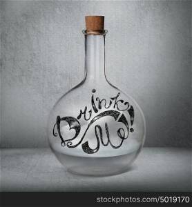 Glass bottle with liquid and vapor standing inside gray box. Drink Me sign drawn on the bottle. Magical doping concept