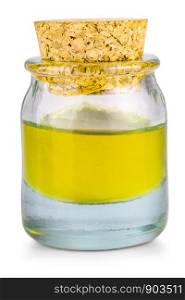 glass bottle with oil on white background