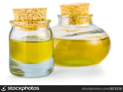 glass bottle with oil on white background