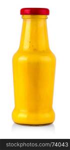 glass bottle with orange sauce and yellow lid isolated on white background