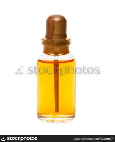 glass bottle with yellow liquid isolated on white