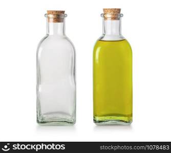 Glass bottles isolated on white empty and with oil , clipping path
