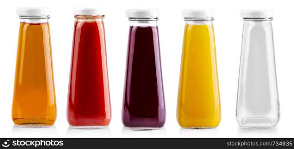 Glass bottles of juice isolated on white