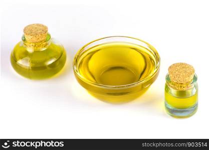 glass bottles with oil isolated on white background