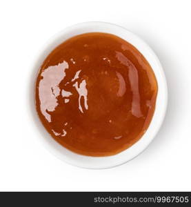 glass bowl of apricot jam isolated on white background. glass bowl of apricot jam