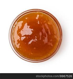 glass bowl of apricot jam isolated on white background. glass bowl of apricot jam