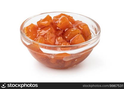 glass bowl of apricot jam isolated on white background. glass bowl of apricot jam 
