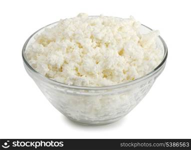 Glass bowl of fresh cottage cheese isolated on white