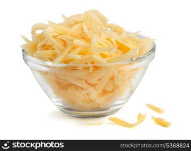 Glass bowl of grated cheese isolated on white