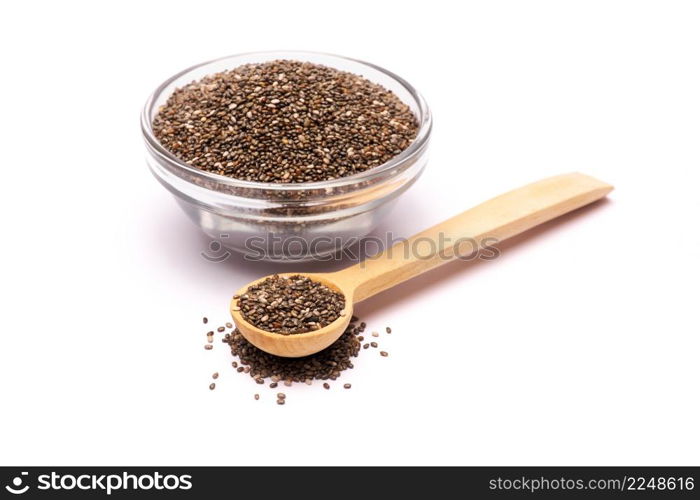 Glass bowl of organic natural chia seeds close-up isolated bowl of organic natural chia seeds close-up isolated. High quality photo. Glass bowl of organic natural chia seeds close-up isolated