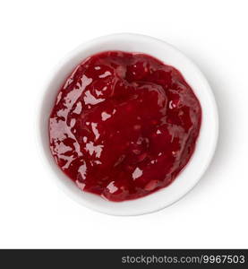 glass bowl of red berry jam isolated on white background. glass bowl of red berry jam