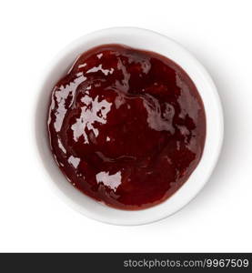 glass bowl of red berry jam isolated on white background. glass bowl of red berry jam