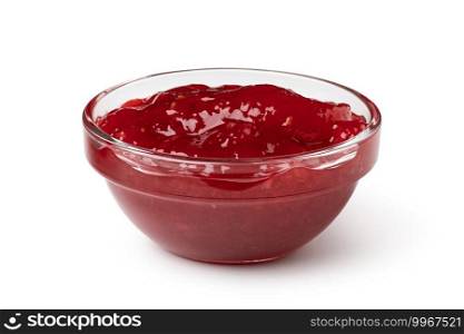 glass bowl of red berry jam isolated on white background. glass bowl of red berry jam