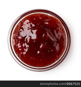 glass bowl of red berry jam isolated on white background. glass bowl of red berry jam
