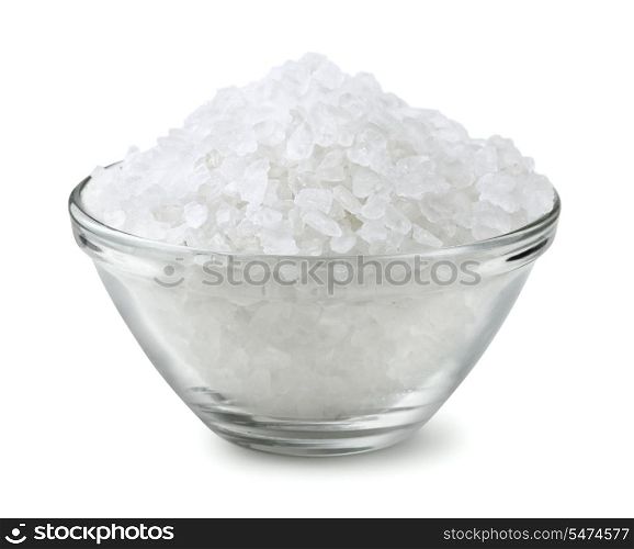 Glass bowl of salt isolated on white
