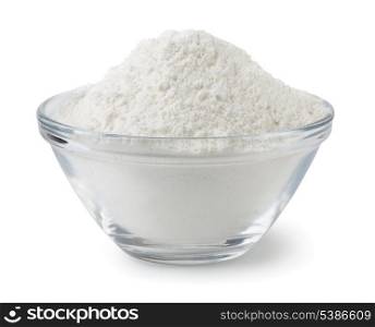 Glass bowl of wheat flour isolated on white