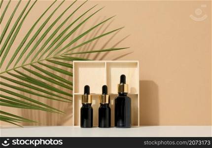 glass brown bottle with pipette on light brown background, near palm leaf. Mockup skincare cosmetic product
