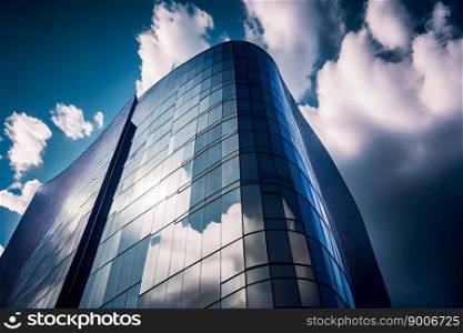 Glass building under blue sky and white clouds.  Ge≠rative AI 
