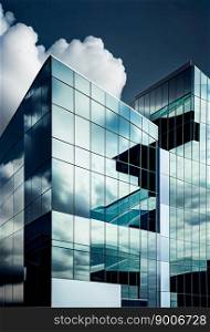 Glass building under blue sky and white clouds.  Generative AI
