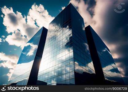 Glass building under blue sky and white clouds.  Generative AI
