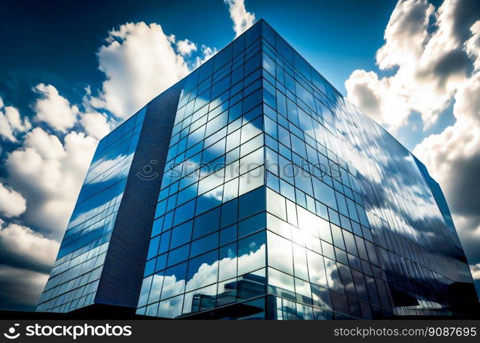 Glass building under blue sky and white clouds.  Generative AI 