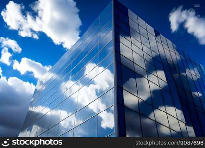 Glass building under blue sky and white clouds.  Generative AI 